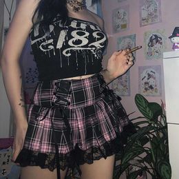 Skirts Lace Up Goth Y2K Woman Skirts Pink Stripe Plaid Lace Trim Pleated Skirt Punk Dark Academia Aesthetic E Girl Clothes P230422