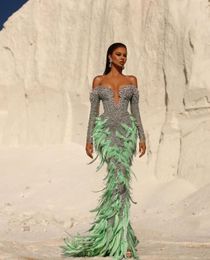 Exquisite Mermaid Evening Dresses Long Sleeves V Neck Applique Sequins Floor Length 3D Lace Feather Sparkly Prom Dress Formal Gown Plus Size Gowns Party Dress