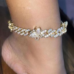 Iced Out Butterfly Anklet Bracelet Crystal Rhinestone Hip Hop Cuban Chain Anklets for Women Boho Beach Foot Jewellery Vintage Person278O