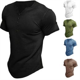 Men's T-Shirts New Simple Button Vneck Men's Henley Shirt Print T Shirt For Men Short Sleeve Oversized Tops Tees Shirt Man 5xl Male Streetwea Z0421