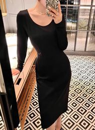 Casual Dresses Top End Women Fashion Black U-neck Long Sleeve Slim Fit Midi Dress Elegant Lady All Match Female Prom Gown