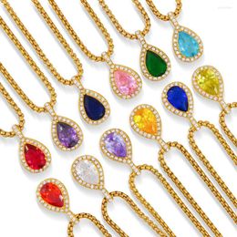 Pendant Necklaces Lucky Birthstone Stainless Steel Necklace Charm Bling Drop Shape Cubic Zirconia Jewellery Gold Colour Box Chains YS232