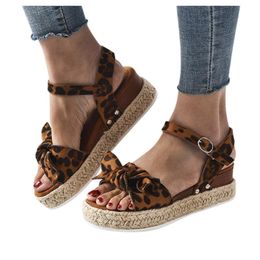 Sandals Women's Rome Ladies Fashion Solid Leopard Casual Shoes Woman Wedges Bowknot Straw Rope Platforms Plus Size