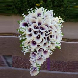 Wedding Flowers PEORCHID Purple White Waterfall Bouquet Bride Holding Calla Lillies Lily Of The Valley Cascade Bridal