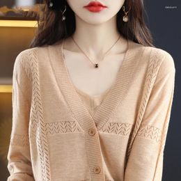 Women's Knits Worsted Wool Spring Autumn V-Neck Knitted Cardigan Loose Thin Sweater All-Match Jacket Pure Colour Top S-2XL