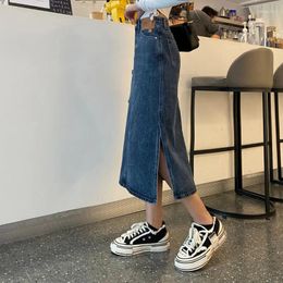 Skirts Denim Skirt Women's Summer 2023 Mid-Length Elegant High Waist Split A Word Sheath Long Jean Korean Girls