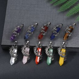 Dragon Winding Natural Stone Pendant Hexagonal prism stone crystal Hexagon point Shape Crystal Agate Charms Necklace Jewelry Making Accessory