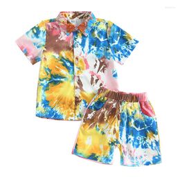 Clothing Sets Kids Boys Summer Clothes Tie-Dye Print Short Sleeve Turn-Down Collar Shirts Tops Elastic Waist Shorts Beach Style 2Pcs Suit