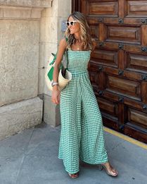 Women's Jumpsuits Rompers WildPinky Fashion Women Jumpsuits Summer Pleated Wide Leg Overalls High Waist Casual Plaid Sleeveless Loose Rompers 230422