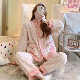 Women's Sleepwear Pajama Sets Winter Warm Nightwear Kawaii Fleece Velvet Pajamas Korean Loose Relaxed Cute Strawberry Sleepwears