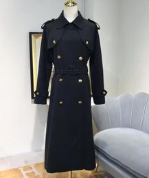 Women's Trench Coats 2023 Autumn/Winter Black Gold Buckle Shoulderband Wool Turndown Collar Waist With Belt Long Windbreaker Women Coat