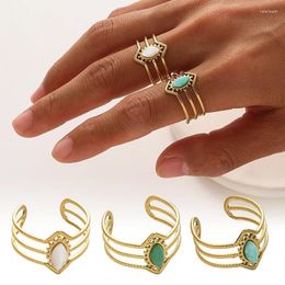 Cluster Rings Multilayer Hollow For Women Inlaid With Natural Stones Turquoise Bohemian Stainless Steel Aesthetics Jewellery Gift