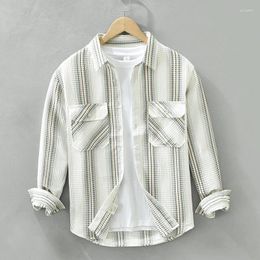 Men's Casual Shirts Spring Summer Cotton Polyester Lapel Striped Long Sleeve Pocket Loose For Men Tops Safari Style Clothes
