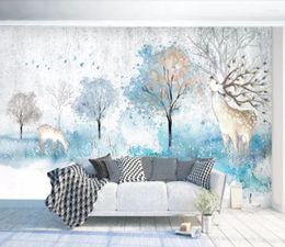 Wallpapers Modern Simple Hand-painted Watercolor Elk Fortune Tree Landscape Background Wall Decoration Wallpaper Murals