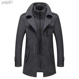 Men's Wool Blends New Winter Mens Wool Blends Coats Solid Color Thick Warm Woolen Overcoat Double Neck Trench Coat Men Single Breasted WindbreakerL231122