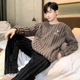 Men's Sleepwear Korean Fashion Winter Flannel Sleepwear For Men 2 Pieces Set Pijamas Male Coral Fleece Warm Pjs Nightwear Pyjamas Homme 231122