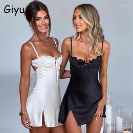 Casual Dresses Giyu Sexy Club Party Dress Women 2023 Summer Lace Satin Mini Short Spaghetti Strap Bandage Backless Bodycon Robe Femme