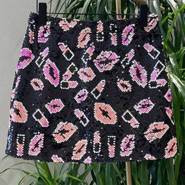 Skirts H80 S90 Women Amazing Sexy And Club Sequin Beading Classic Lips Skirt Slim Mini Skirt Vintage Female Geometric A-Line Skirts 231121