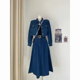 Work Dresses Women's Set 2023 Autumn Retro Blue Polo Neck Denim Short Coat Slim High Waist Half Length Dress Casual Fashionable Two Piece