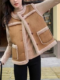 Women's Leather FTLZZ Autumn Winter Women O-neck Button Sleeveless Vest Coat Casual Lady Faux Lamb Wool Suede Jacket