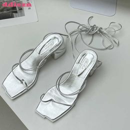 Dress Shoes Women Pumps Square Toe Female Shoes Elegant High Heels 2023 Summer New In Fashion Ladies Sandals Cross-Tied Slides Footwear