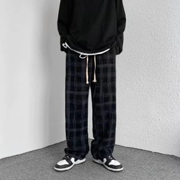 Men's Pants Y2k Mid-Rise Elastic Waistband Men Pockets Straight Wide Leg Casual Trousers Plaid Print Drawstring Loose Corduroy