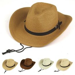 Wide Brim Hats Bucket Men Summer Cowboy Knit Straw Hat Fashion Big Casual Beach Sun Sunscreen Block UV Protection Leather Belt Buckle Cap W1 230421