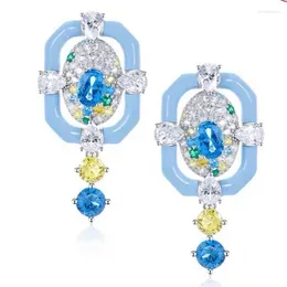 Dangle Earrings Geometric Brand Drop With Cubic Zirconia Stone Light Blue Enameled Color S925 Silver Er Pin Women Gorgeous Jewelry