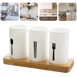 Kitchen Storage 2 Sets Tableware Drain Chopstick Holder Top Grade Oak Base Cutlery Chopsticks Dripping Holders For Home (White)