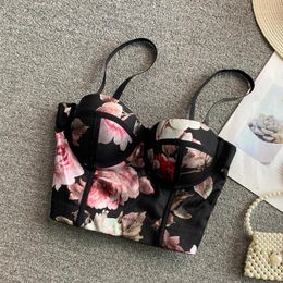 Women's Tanks Sexy Print Camis Chinese Style Solid Floral Bustiers Summer Off Shoulder Hollow Out Crop Tops Elegant Sheer Bakless Bra