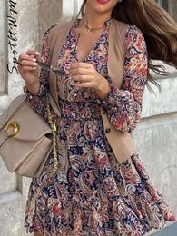 Autumn Women Flower Printed Ruffle Mini Sexy V neck Long Sleeve Pleated Boho Dresses Elegant Female Night Party Vestidos