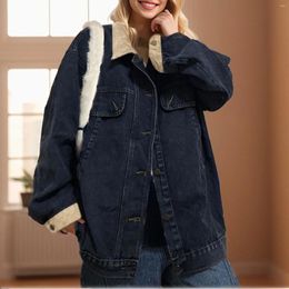 Women's Jackets Womens Contrast Color Jean Jacket Fashion Corduroy Fleece Lapel Denim Vintage Safari Style Loose Fit Coat Outerwear