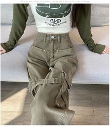 Women's Jeans Vintage Green Cargo Pants Women High Waist Big Pocket Straight Spliced Y2k Baggy Trousers Lace-up