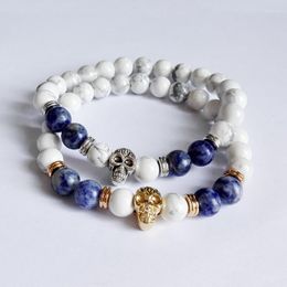 Strand 2pcs/lot Men's Antique Silver Color Skull Yoga Bracelets 8mm Natural White Howlite Stone Beads Buddha Bracelet Jewelry