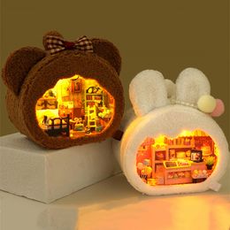 Doll House Accessories DIY Wooden Miniature Building Kit Doll Houses with Furniture Light Bear Rabbit Casa Dollhouse Handmade Toys for Girls Xmas Gifts 230422