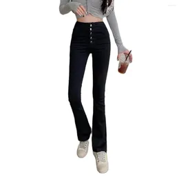 Women's Jeans Korean Fashion Women Black Cotton Flare Hem Button Up High Waist Unique Buttons Lady