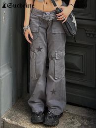 Women's Jeans SUCHCUTE Y2K Streetwear Pockets Up Cargo Jeans Grey Star Print Low Rise Gothic Straight Pants Denim Grunge Baggy Pant Vintage 230421