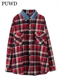 Women's Jackets PUWD Casual Women Plaid Long Sleeve Jacket 2023 Winter Vintage Denim Patchword Turn Down Collar Coats Female Chic Thick