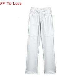 Women's Jeans Shining Silver Wide Leg Pants Chic Faux Leather PU Long Trousers High Streetwear Woman Bloggers5114602808Female Straight Quality 231121