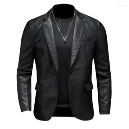 Men's Suits Black Pu Leather Jacket Coat Brand High Quality Slim Fit Notched Collar Blazers Men Casual Faux