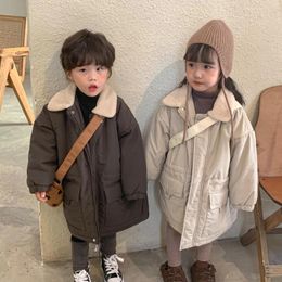 Coat Korean Children's Mid Length Plush And Thick Windbreaker Warm Cotton Jacket For Boys Girls