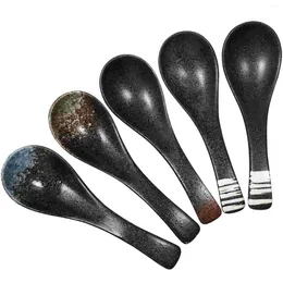 Spoons 5Pcs Japanese Ceramic Asian Soup Porridge Spoon Scoop Porcelain Dessert Tableware For Dumpling Ramen Wooden