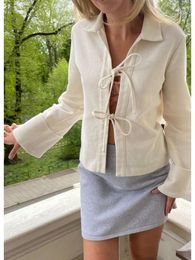 Giacche da donna Cardigan bianco allacciato sul davanti Cappotti Woen Casual Bavero Collo Manica lunga Capispalla Autunno Primavera Vintage Chic Streetwear