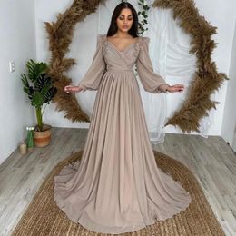 Party Dresses VD Custom Made Beaded Square Neck Evening Dubai Women Long Sleeves Prom Dress Ruched Chiffon Wedding Bride Gowns