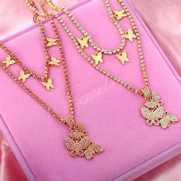 Chains JJFOUCS 3 Butterfly Pendant Necklace For Women Iced Out Luxury Multilayer Crystal Chain Rhinestones Jewellery Wholesale