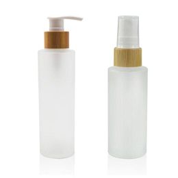 50ml 100ml 120ml 150ml Flat Shoulder Frosted Glass Spray Pump Bottles with Bamboo Lid for Skin Care Serum Lotion Shampoo Shower Gel Toi Whae