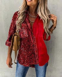 Women's Blouses Fashion Casual Shirts 2023 Contrast Sequin Patch Velvet Buttoned Lapel Long Sleeves Shirt Party And Outfits