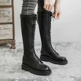 Boots Winter Women's Motorcycle Boots Shoes Knee Length Woman's Non-slip Platform Leather Boots Lace Up Women Black Boots 231122