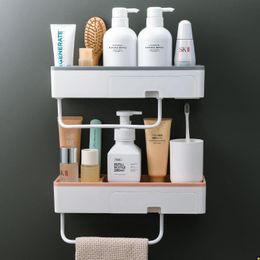 Bathroom Shelves Bathroom Shelf Shower Caddy Organiser Wall Mounted Shampoo Rack With Drawer Towel Bar No Drilling Kitchen Storage Accessories 230422