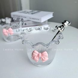 Bowls Flower Design Striped Lace Glass Bowl Cute Bow Breakfast Salad Ice Cream Oatmeal Bowl.